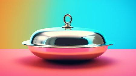 Generative AI Black Dish with lid holding hands isolated on yellow, opened restaurant cloche, launchの素材