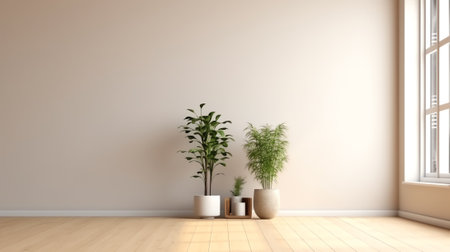 Generative AI Empty room interior background, beige wall, pot with plant, wooden flooring 3d renderiの素材