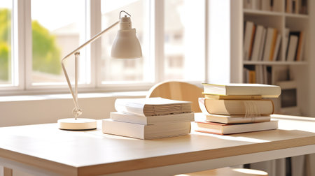 Generative AI Cropped shot of white table with books, stationery and copy space in blurred study rooの素材