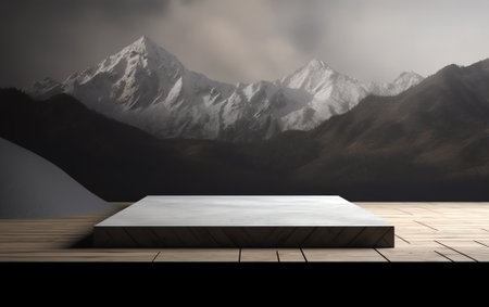 Generative AI Empty square platform and green mountain with sky cloud landscapeの素材