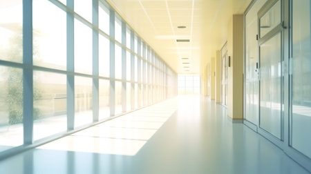 Generative AI Blurred background of an interior of a modern hospital with an empty long corridor, thの素材