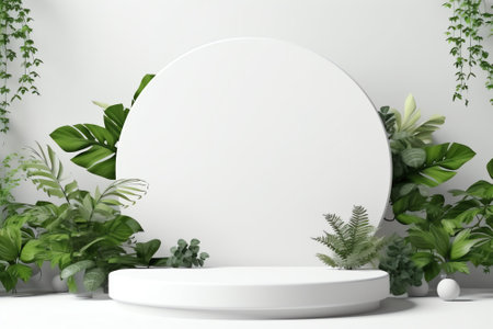 Generative AI Realistic 3D render empty clean white table tray podium with green leafs plant, blowinの素材