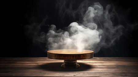 Generative AI Wooden table in dark room background concept for advertising.の素材