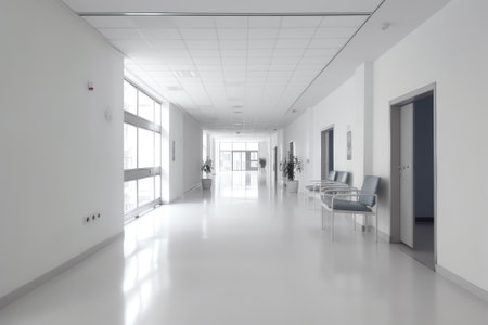 Generative AI Empty modern hospital corridor, clinic hallway interior background with white chairs fの素材