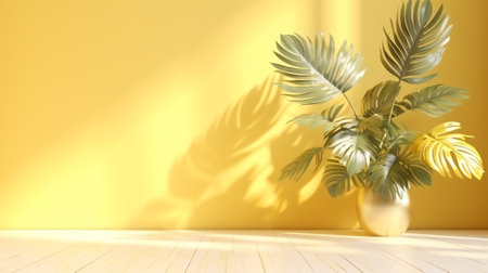 Generative AI Yellow background studio interior room with tropical palm shadow. Minimalist summer prの素材