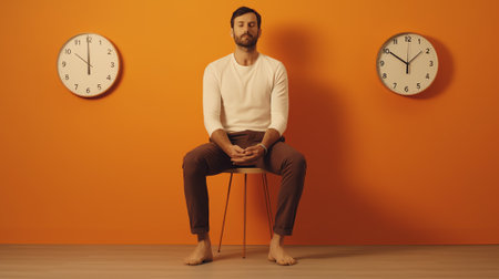 Generative AI A wall clock and single orange chair in the waiting roomの素材