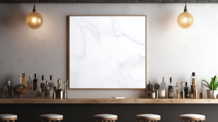 Generative AI White wall bar interior with a wooden floor, a stone bar and wooden stools near it. Taの素材
