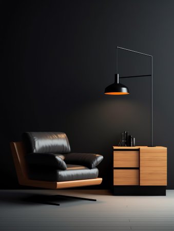 Generative AI Dark contemporary waiting room interior with wooden sideboard, small coffee table andの素材
