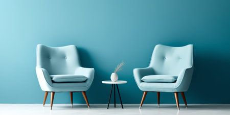 Generative AI Front view of a row of modern, simple white chairs against blue wall in a minimal stylの素材