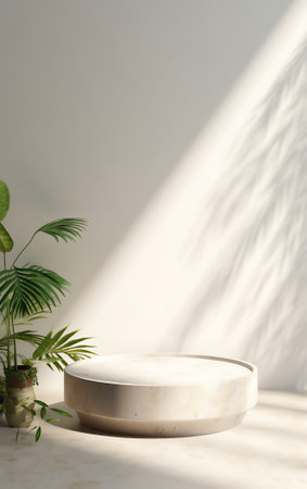 Generative AI Empty marble white gray color with leaf plant shadow on wall studio background. Used fの素材