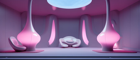 Generative AI 3D rendering of four pink seats in line in white waiting roomの素材