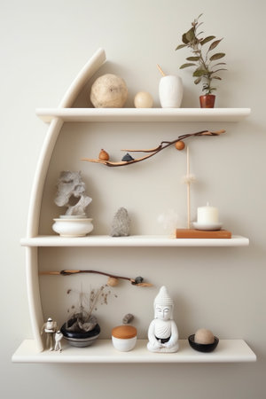 Generative AI white shelf made from recycle wooden laminated for merchandise showing or display in rの素材