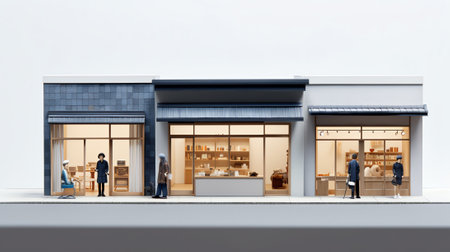 Generative AI 3D rendering of a traditional storefront faÃ§ade with blue wood.の素材