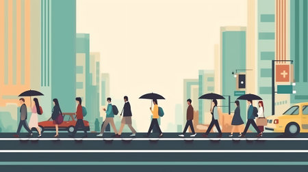 Generative AI Vector illustration of city crossroad with traffic lights, road markings, sidewalk forの素材