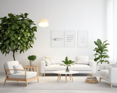 Generative AI Stylish living room interior of modern apartment and trendy furniture, plants and elegの素材