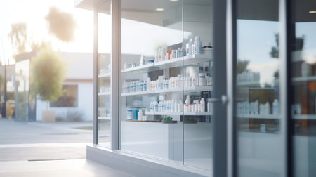 Generative AI Shopfront with large windows with lens flare bokeh effectの素材