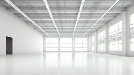 Generative AI 3d rendering interior white and clean empty factory or storehouseの素材