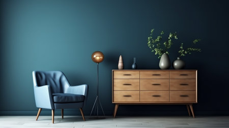 Generative AI Commode with chair and decor in living room interior, dark blue wall mock up backgrounの素材