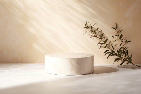 Generative AI White Marble Table with Tree Branches Shadow on Concrete Wall Texture Background, Suitの素材