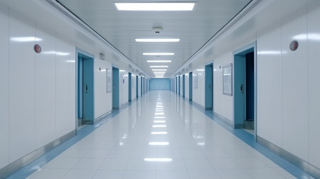 Generative AI Long white hospital corridor with rooms and blue seats 3D rendering. Empty accident anの素材