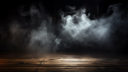 Generative AI empty wooden table with smoke float up on dark backgroundの素材