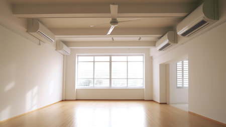 Generative AI Empty room with two windows and radiator attached to wallの素材