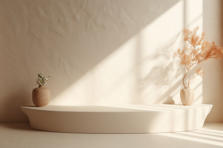 Generative AI 3D Rendering of empty white wall with shadow from tree leaves. Blank pedestal area forの素材