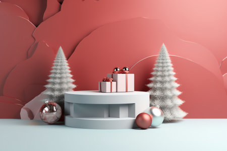 Generative AI White podium with fir trees and falling snow. Display for winter holidays, New Year anの素材