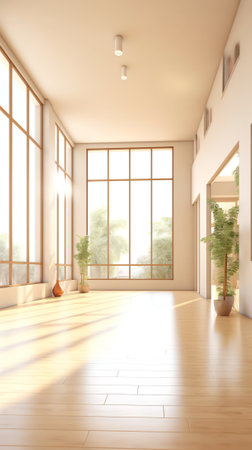 Generative AI Interior of empty spacious living room with white walls and laminated floor with doorsの素材