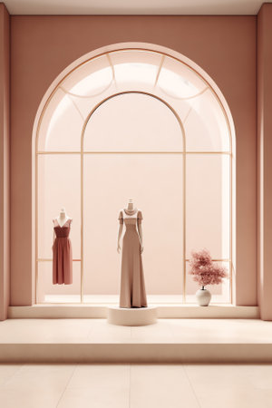 Generative AI Stylish boutique with blank glass showcase and backlight lamps. Advertisement and retaの素材