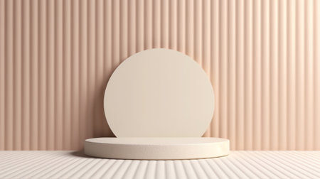 Generative AI Abstract 3D white, brown cylinder pedestal podium on the table with white square tileの素材