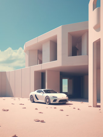Generative AI 3d render of abstract futuristic architecture with concrete floor. Car presentation.の素材