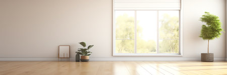 Generative AI Interior of empty spacious living room with white walls and laminated floor with doorsの素材