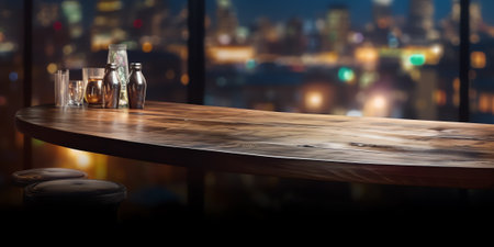 Generative AI bar counter with chairs in empty comfortable restaurant at nightの素材
