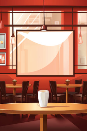 Generative AI Cafe interior with coffee machine at cashier desk, refrigerator, chalkboard menu, tablの素材