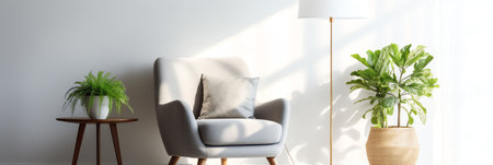 Generative AI Scandinavian style livingroom with gray fabric armchair, golden lamp and plants on empの素材