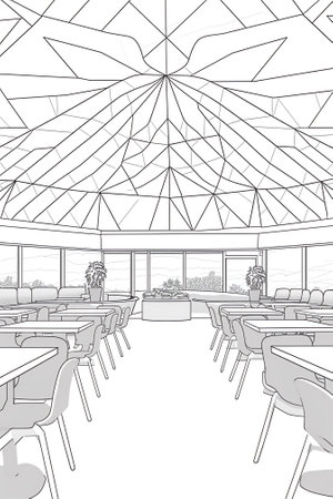 Generative AI Food court in shopping mall. Horizontal vector illustration with many seats. flat vectの素材