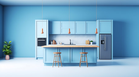 Generative AI Studio Room Blue Background,Empty Kitchen Minimal Podium Scene Bar Smooth Mockup Tableの素材