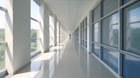 Generative AI empty long corridor in the modern office building.の素材
