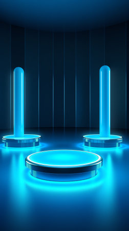 Generative AI Empty blue studio table with beautiful lights and shadows. blank stand display or showの素材