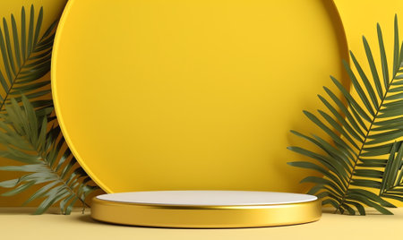 Generative AI Yellow background studio interior room with tropical palm shadow. Minimalist summer prの素材