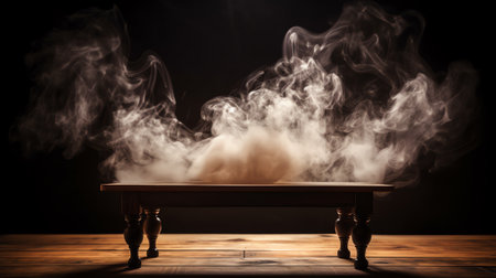 Generative AI Old wood table with flame effect on dark background.の素材