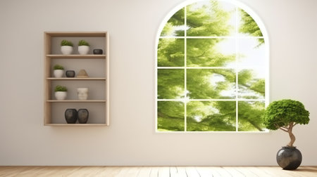 Generative AI White empty room with green landscape in window. Scandinavian interior design. 3D illuの素材