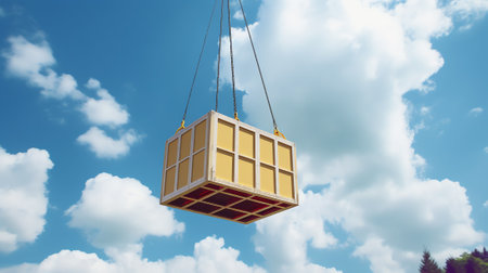 Generative AI Bottom view of a powerful construction crane against a blue sky. Positive background oの素材