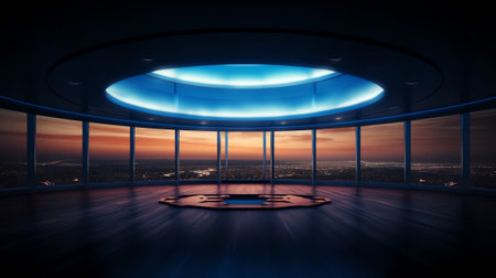 Generative AI Panoramic view of futuristic geometric shapes design empty floor with Kuala Lumpur citの素材
