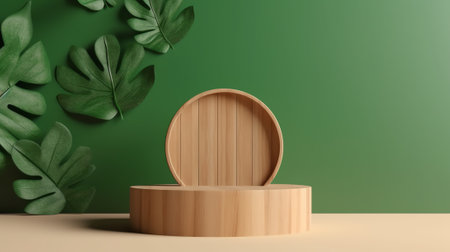 Generative AI Wooden podium in tropical forest for product presentation and green background.3d rendの素材