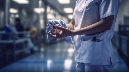 Generative AI hand holding stethoscope with blur hospital backgroundの素材