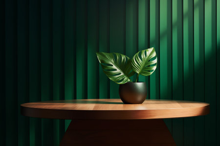 Generative AI wood table background with sunlight window create leaf shadow on wall with blur indoorの素材