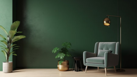Generative AI Living room interior with green armchair and decoration room on empty dark green wallの素材
