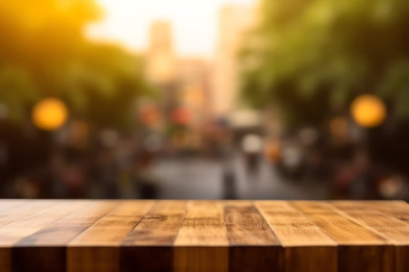 Generative AI Wooden desk or wooden floor on bokeh background. Empty wooden desk to present and showの素材